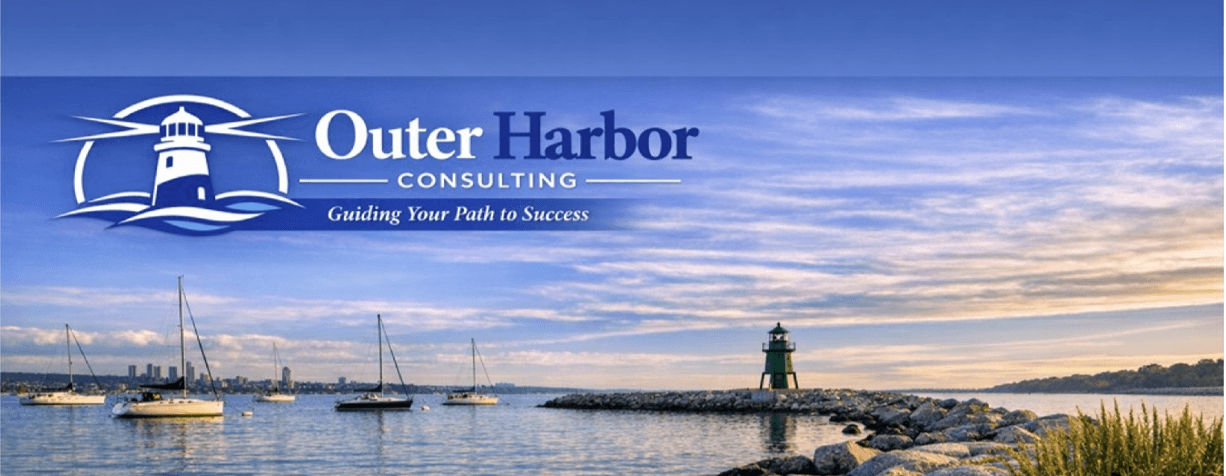 Outer Harbor Consulting wordmark with the lighthouse logo and harbor scene