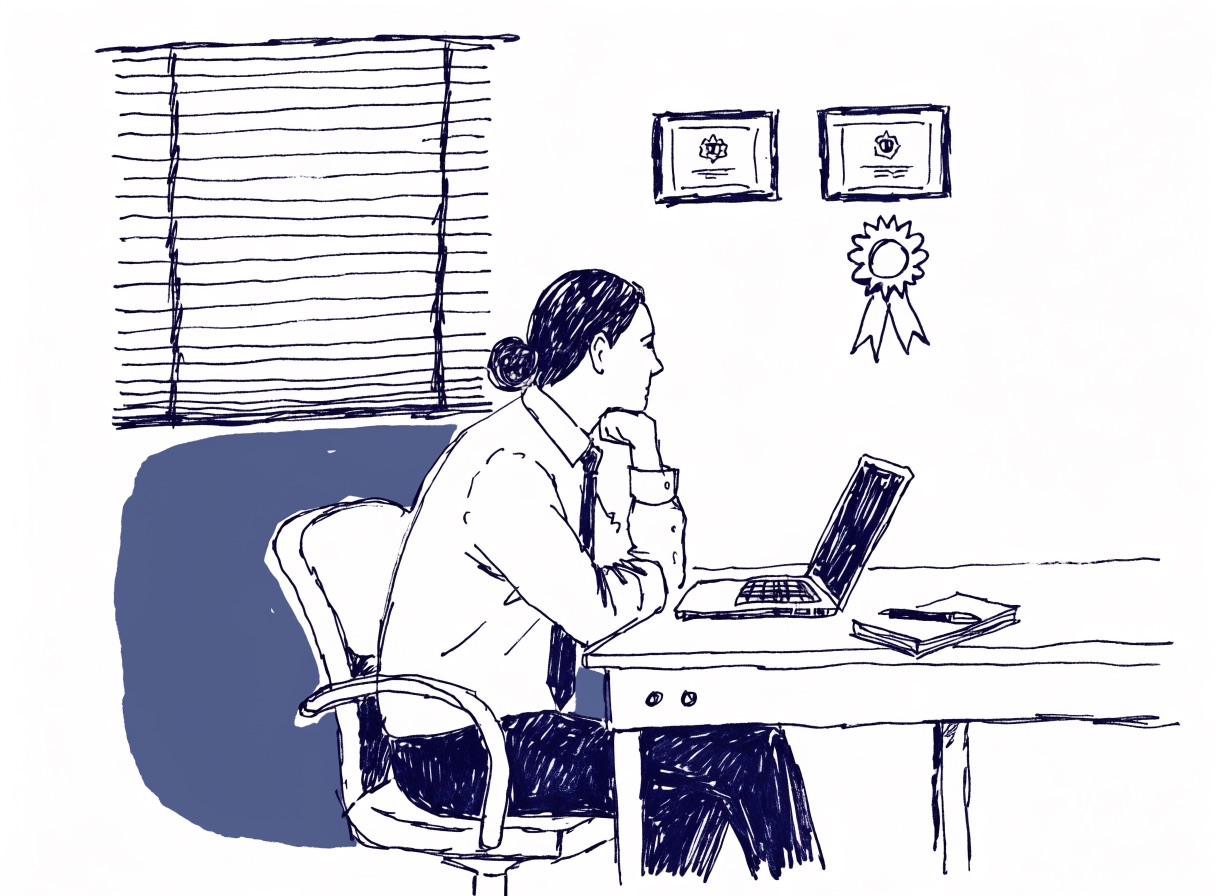 An illustrated professional at a desk, gazing out the window, framed awards on the wall behind