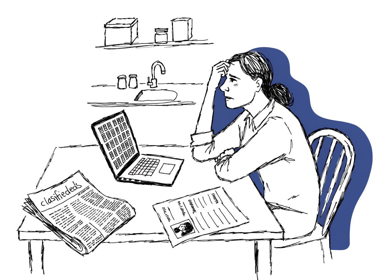 An illustrated person at a kitchen table with a laptop full of job listings, scratching their head