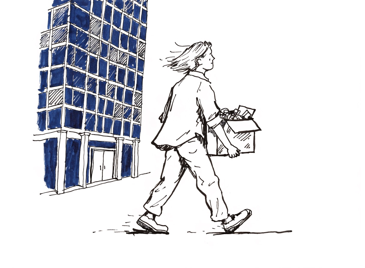 An illustrated person walking away from an office building with a single box, glancing back