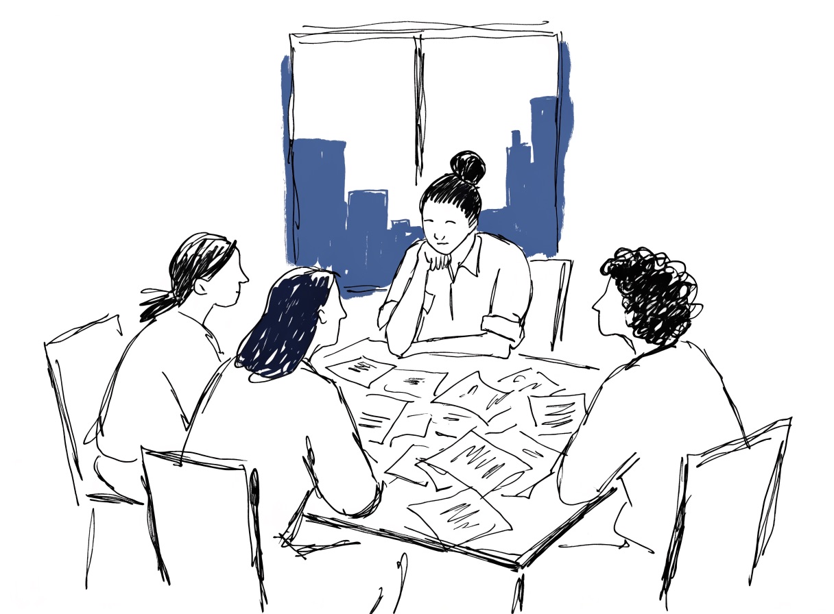 An illustrated leader at the head of a conference table, papers spread, the team waiting for a decision