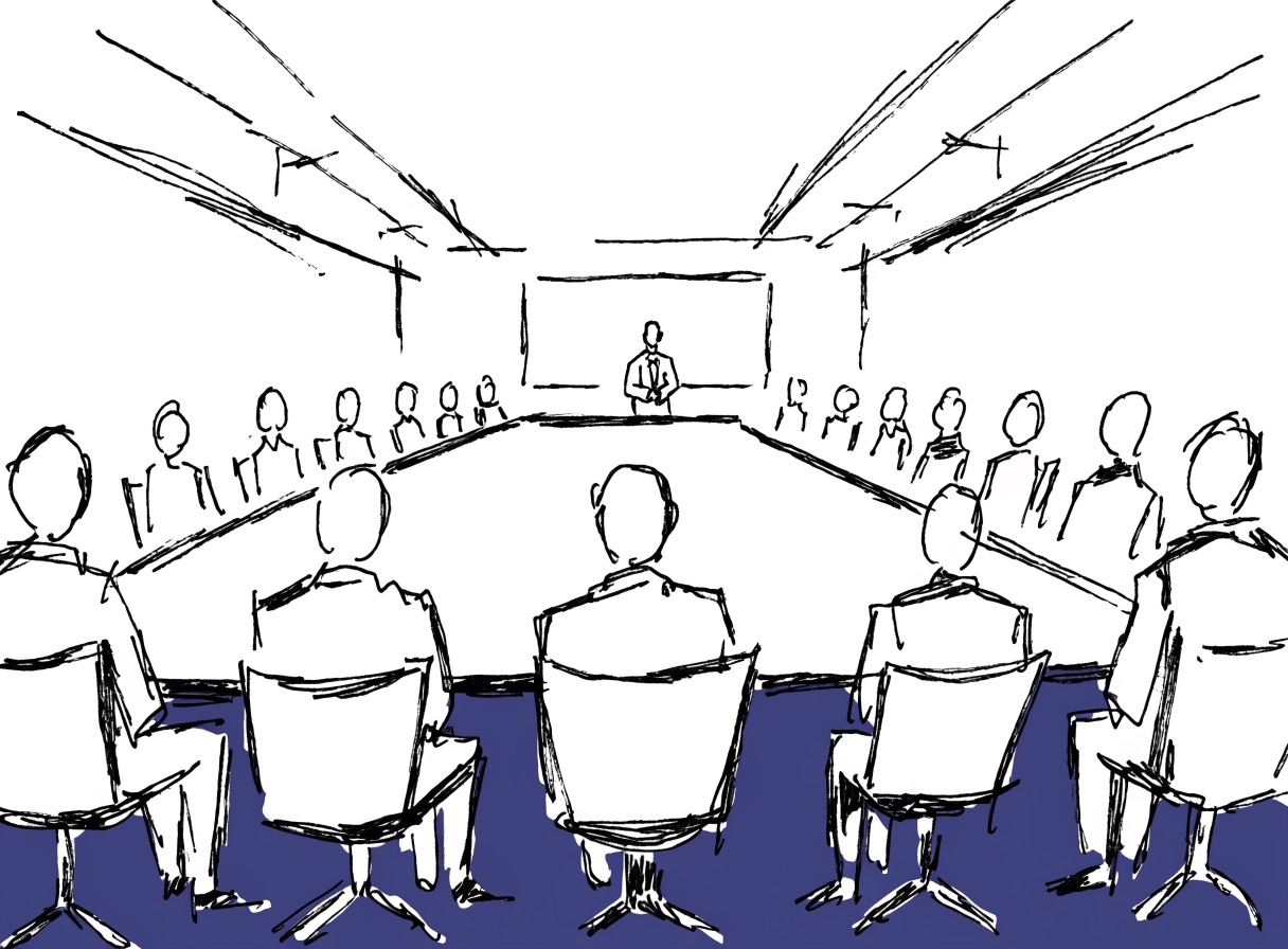 An illustrated boardroom seen from behind the executives, a lone presenter standing at the far end