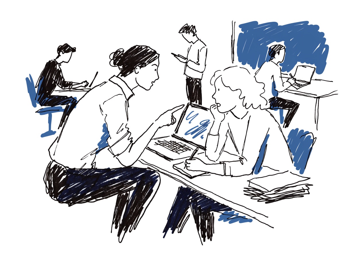An illustrated manager crouched beside a younger colleague’s desk, explaining something on the screen