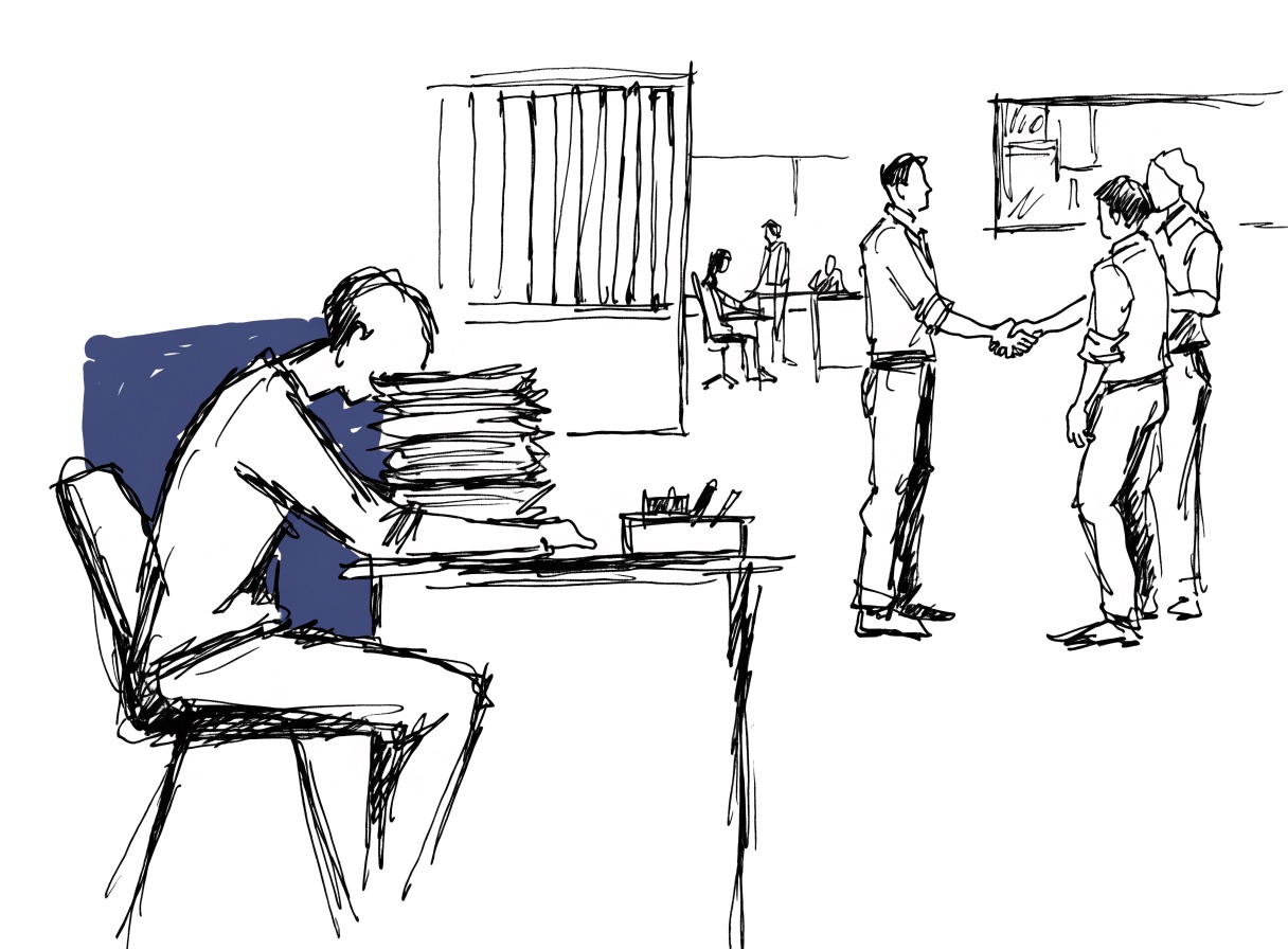 An illustrated office: one person head-down in a stack of files while a colleague across the room is congratulated