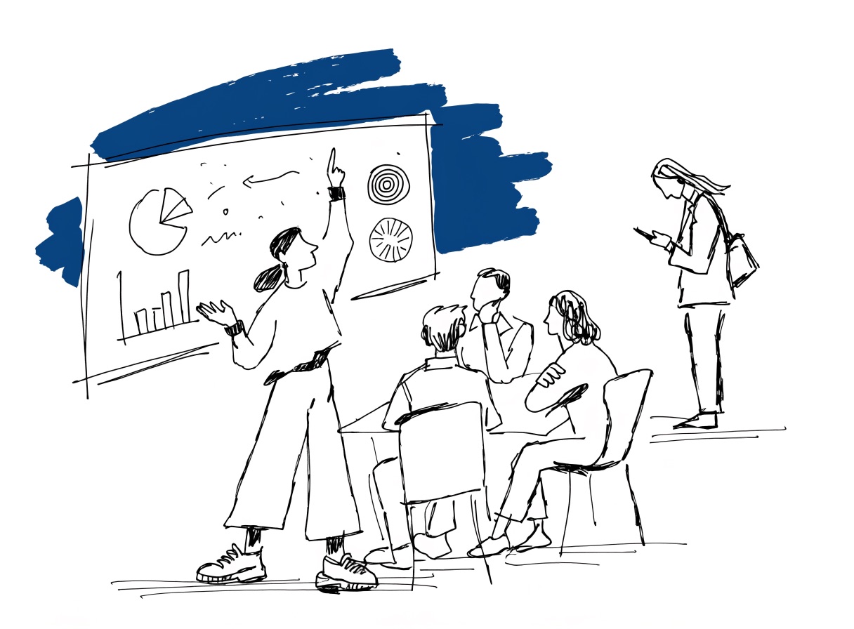 An illustrated presenter at a whiteboard while a manager at the back looks at a phone