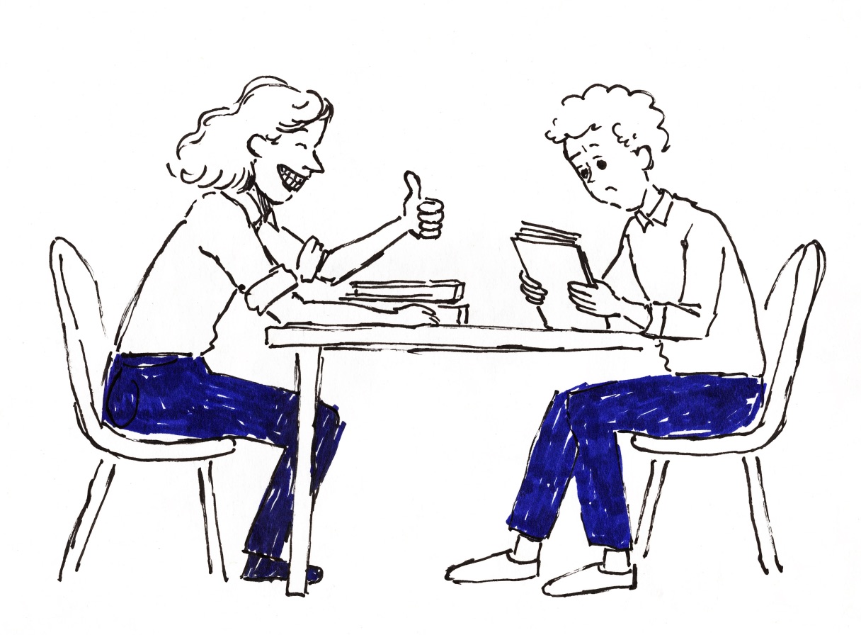 An illustrated performance review: a manager gives a thumbs up while the employee holds an empty notepad