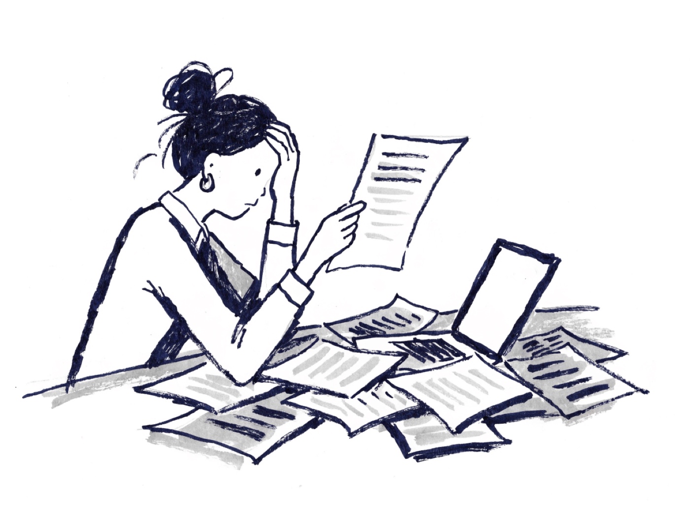 An illustrated job seeker at a desk, holding up one of many applications, hand to her forehead