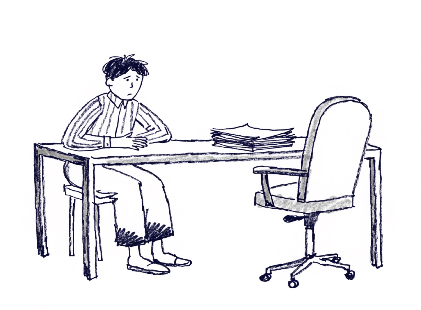 An illustrated job seeker sitting across an empty desk from an empty chair and a stack of resumes